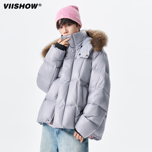 viishow冬季可拆卸毛领连帽羽绒服男女潮牌90绒保暖情侣防寒外套 黑色 S