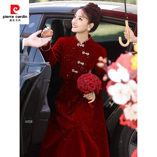 Pierre Cardin New Chinese Toast Wear 2025 New Bride Autumn and Winter Wedding Red Engagement Dress Skirt Women Winter Cheongsam Wedding Dress Burgundy M
