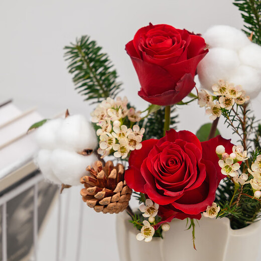 The first snow in winter, roses and pine cones mixed flowers are perfect for Christmas