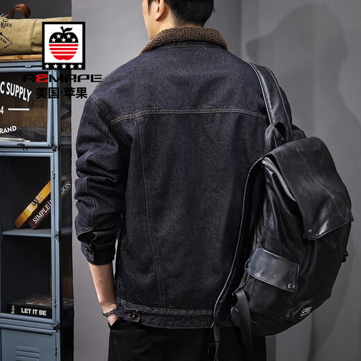AEMAPE American puree denim lamb velvet denim jacket for men 2025 winter new velvet thickened warm cotton jacket 3128 blue black lamb velvet jacket XL suitable for 145-160Jin Jin equals 0.5 kg