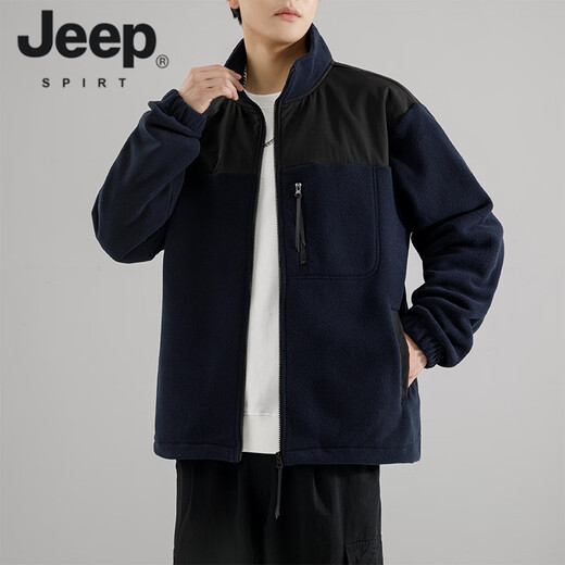 JEEP SPIRIT American Austrian Velvet Casual Stand Collar Jacket Men's 2026 Autumn and Winter New Windproof Versatile Color Block Cardigan Jacket Black M