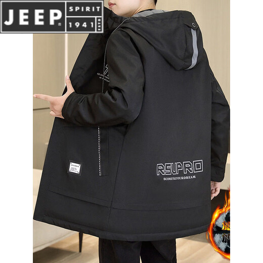 JEEP SPIRIT Winter Pack Jacket Men's Charge Cotton Jacket Plus Velvet Thickening Men's Winter Cotton Clothes Mid-Length Windbreaker Warm Jacket MK69 Black Plus Velvet Thickening M Recommended 90-110Jin Jin is equal to 0.5 kg