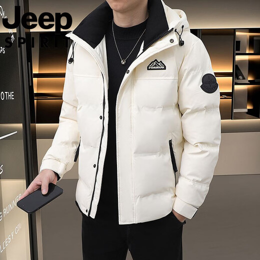 JEEP International Brand Down Jacket Men's Thickened Stand Collar Short Casual New Style 2025 Winter Warm Casual Sports Jacket 8019 White Zipper Pocket Knitted Collar Neck Not Cold L Recommended 95-120 Jin Jin equals 0.5 kg Normal size