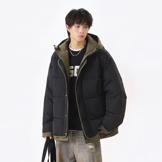 VUUG cotton coat men's solid color versatile hooded cold-proof cotton coat American Korean style fashion warm cotton jacket black M