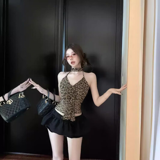 American hot girl leopard print backless halterneck camisole women's summer tight inner wear short outer sexy top leopard print S