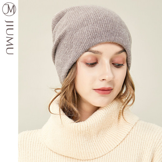JIUMU Wool Hat Women's Autumn and Winter Pure Wool Korean Thick Warm Ear Protector Mother's Knitted Confinement Hat Light Brown One Size (Stretchable)
