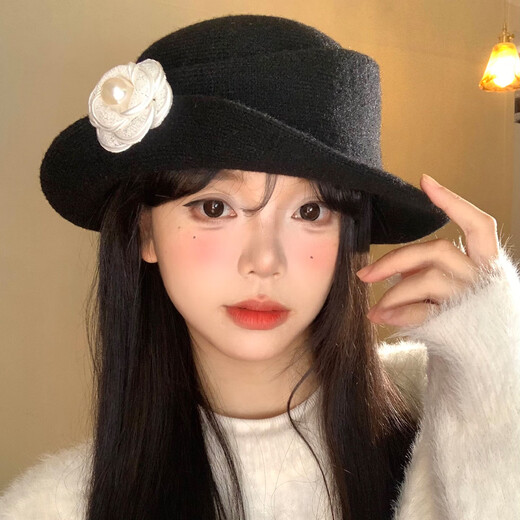 Miao Yijia hat Hepburn style hat for women autumn and winter 2026 new style fashionable and stylish small fisherman hat winter hat black basin hat black camellia gold hat (head circumference about 55-59cm)