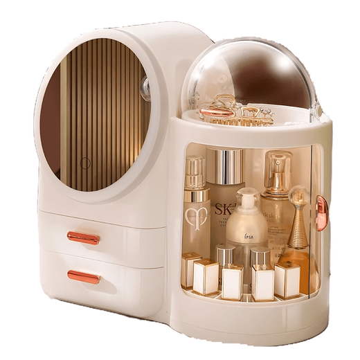 Meishute cosmetics storage box with mirror, dust-proof large capacity box, rotatable desktop with light, integrated skin care product storage rack, sea salt white, LED three-color fill light adjustment