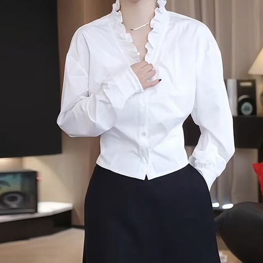 White edge V-neck long-sleeved shirt for women 2025 autumn new style light luxury and age-reducing style top White L Recommended 100-115 Jin Jin equals 0.5 kg