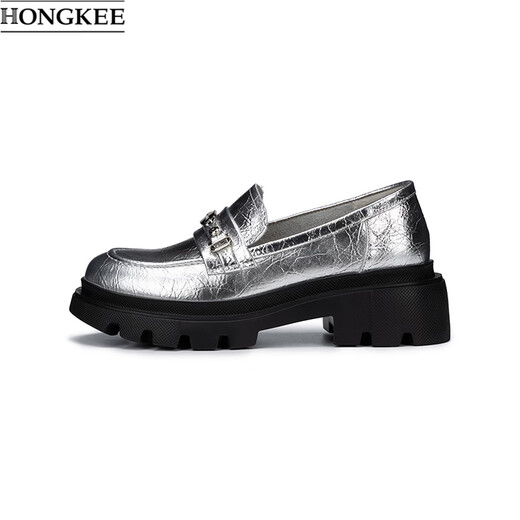 HONGKEE Women's Shoes 2026 Spring New Thick Heel Thick Sole Versatile Loafers Single Shoes H816D100 Silver 35