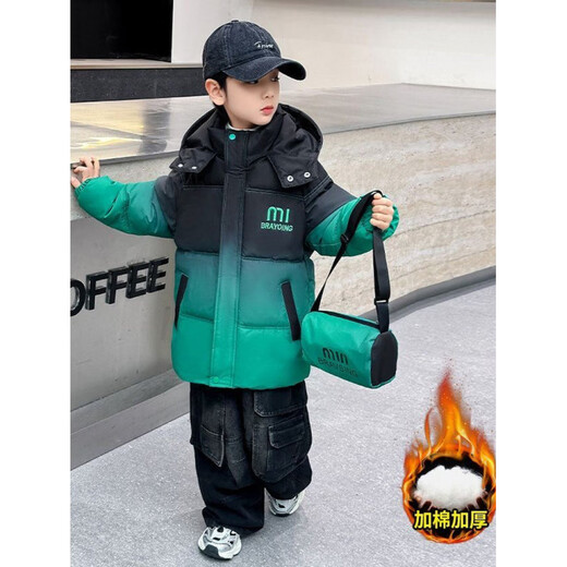 Fat Donglai buys boys' winter down cotton-padded jacket with 50% off plus velvet and thickened lamb's wool gradient color foreign style purple_free satchel + lamb's wool lining 110 cm_recommended height around 100-110