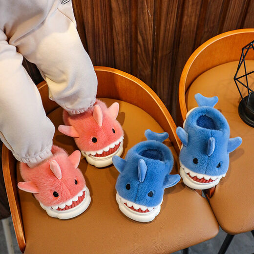 Aoyanlai New Product Children's Cotton Slippers Autumn and Winter Cartoon Shark Boys Indoor Non-Slip Teenagers Thick Sole Warm Home Blue (Not Rooted) 18 150mm