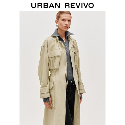 UR2025 new autumn women's trendy stand-up collar drawstring waist multi-pocket windbreaker UWJ150100 pink khaki (too large) S
