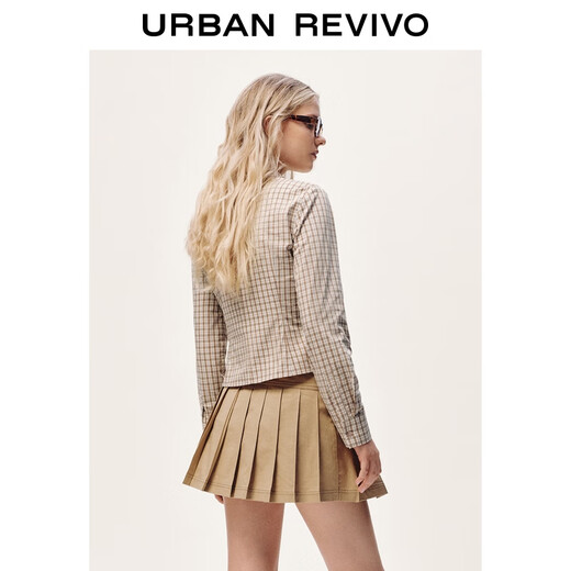 UR2026 Spring New Women's Casual Contrast Color Plaid Lapel Cardigan Shirt UYY250108 Khaki Brown Plaid S