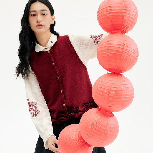 Birds and New Wine Chinese Red Knitted Sweater with Vest Inside Women's 2025 Winter New Solid Color Rabbit Fur Sweater Brick Red HCD05 S