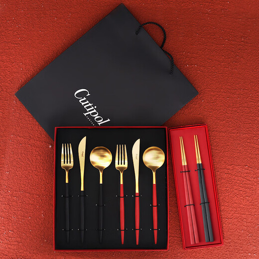Cutipol Western cutlery cutlery set home dinner six-piece set cutlery, fork, spoon and chopsticks wedding box ins newlywed GOA red gold black gold dinner six-piece set + red gift box
