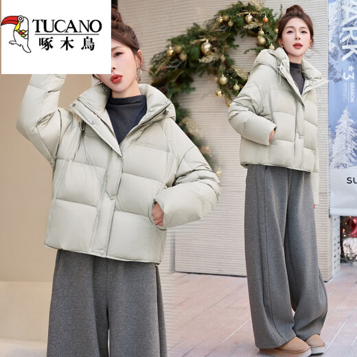 Woodpecker hooded short down jacket for women winter 2025 new style small high-end fashion style thickened white duck down jacket light gray thin S