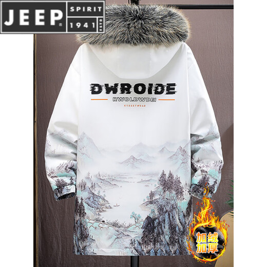 JEEP SPIRIT mid-length jacket for men in autumn and winter plus velvet and thickened large fur collar windbreaker jacket gradient color warm parka for men 717 white plus velvet and thickened M about 90-110Jin Jin is equal to 0.5 kg
