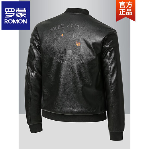ROMON Leather Jacket Men's Baseball Collar Plus Velvet Thickening Loose Casual Trendy Handsome Leather Jacket Embroidered Motorcycle Jacket Black No Velvet 812X 6XL