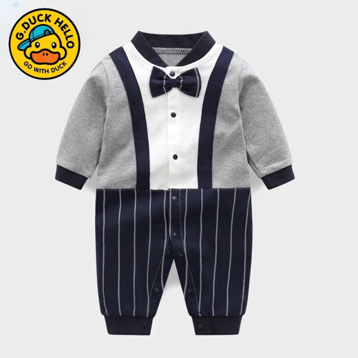 G.duck baby boy one-year-old dress autumn new infant long-sleeved jumpsuit autumn full month baby clothes for a hundred days outing blue tie romper 59cm (recommended 12Jin Jin equals 0.5kg)