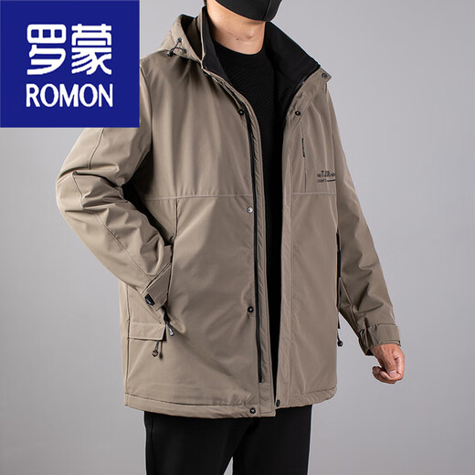 罗蒙（ROMON）高端大码中长款风衣中年胖男秋冬加绒保暖外套加肥加大宽松薄棉衣 黑色 5XL 230-240斤