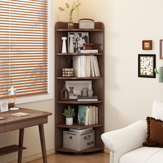 Fantasy corner cabinet corner storage rack against the wall triangular narrow cabinet bedroom storage cabinet fan-shaped corner floor-standing bookshelf thickened solid wood six-layer model 50x50x180cm walnut