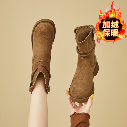 DAPHNE Daphne Retro Velvet Warm Short Boots Women's New Winter Western Cowboy Boots Slim Women's Boots Winter Caramel Color Velvet Heel Height 4cm 35 (225mm) Standard Size