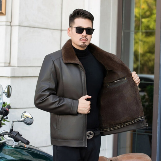 Playboy Haining Leather Men's Jacket Autumn and Winter 2025 New Fur All-in-One Men's Middle-aged Leather Jacket with Velvet and Thickening Brown Color 2030 L 175 Recommendation 110-130Jin Jin is equal to 0.5 kg