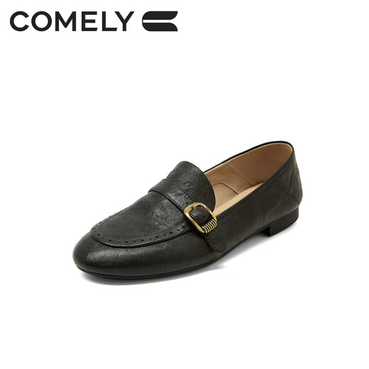 Kangli soft-soled sheepskin loafers for women 26 spring new round-toe metal buckle genuine leather carved commuting small leather shoes British black 37