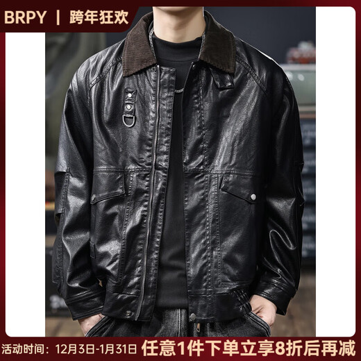 BRPY American high-end retro old money style leather jacket for men 2025 autumn and winter new fashion handsome men's PU leather jacket black M suitable for 100-125Jin Jin equals 0.5 kg