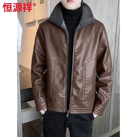 Hengyuanxiang autumn and winter leather jacket men's velvet thickened fur all-in-one warm jacket fat man loose plus size leather jacket trend khaki 6917 6XL