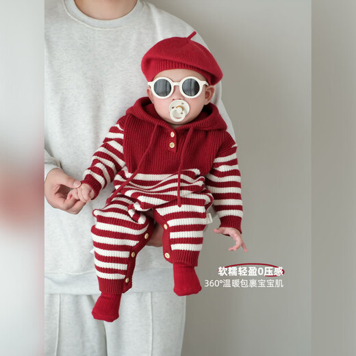 G.duck infant and toddler autumn and winter style festive baby knitted one-piece autumn and winter style small one month old outdoor romper red romper 80cm