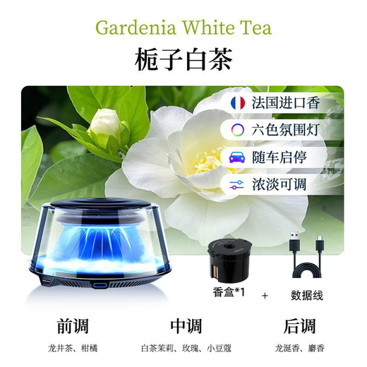 The same model as Tulas 2026 new fragrance long-lasting car perfume interior decoration fragrance machine fragrance top of the snow mountain car start and stop + second fragrance for the whole car + six-color breathing light 25ml 1 bottle