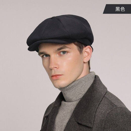 Kaooseen beret men's octagonal hat men's autumn and winter large head circumference retro British style new thick wool woolen hat painter black versatile style M 59cm suitable for 59-62b