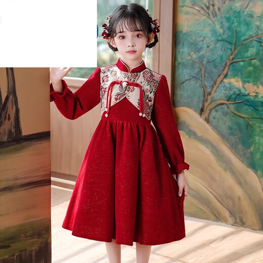 Didi.Ni HEYDIDY girls' cheongsam dress winter 2025 new girl's New Year's greetings dress plus velvet children's winter dress red princess dress red plus velvet 140 cm