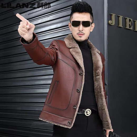 LILANZ winter new Haining fur all-in-one leather jacket men's short jacket suit collar young and middle-aged thickened jacket trendy red brown M 165-100-115Jin Jin equals 0.5 kg