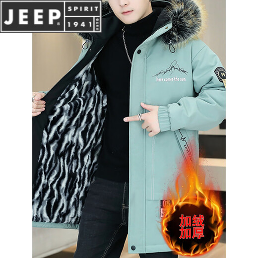 JEEP SPIRIT parka men's jacket plus velvet thickened jacket men's winter cotton coat mid-length windbreaker warm coat cotton coat khaki plus velvet and thick M about 80-100Jin Jin equals 0.5 kg can be worn