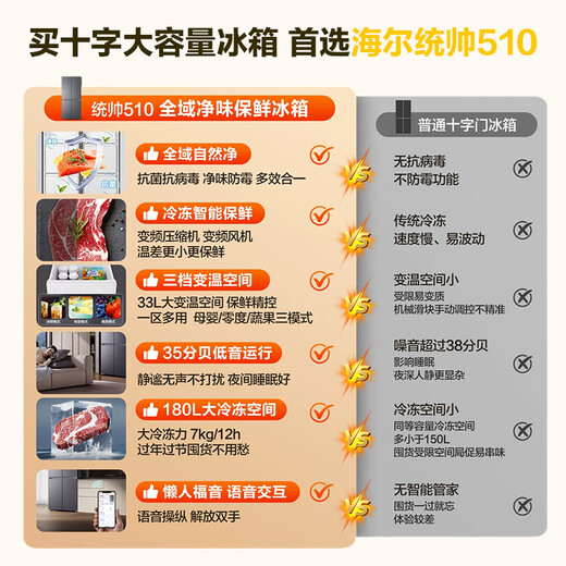 Haier refrigerator 510 cross-fold four-door 502-liter lazy commander series household large-capacity dual-cycle ultra-thin can be embedded with first-class energy-saving dual-frequency home appliances national subsidy 502L Xingyun Silver + first-class dual frequency + double cycle + variable temperature fresh storage