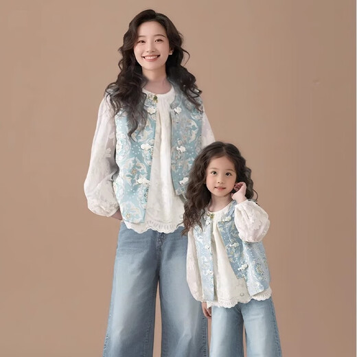 QINZHI Hanfu parent-child clothing mother and daughter autumn and winter new Chinese style parent-child clothing Chinese style buckle vest autumn clothing 2025 new retro mother-in-law floral blue vest 120 girls height about 110cm