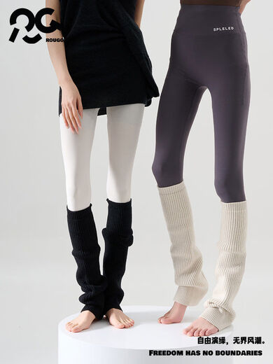 LuluRougo Knitted Socks Covers Pile Socks Women's Autumn and Winter Shark Pants Thickened Flared Leg Covers Bone White + Jet Black