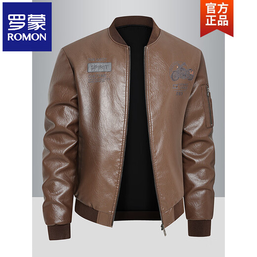 ROMON Leather Jacket Men's Baseball Collar Plus Velvet Thickening Loose Casual Trendy Handsome Leather Jacket Embroidered Motorcycle Jacket Black No Velvet 812X 6XL