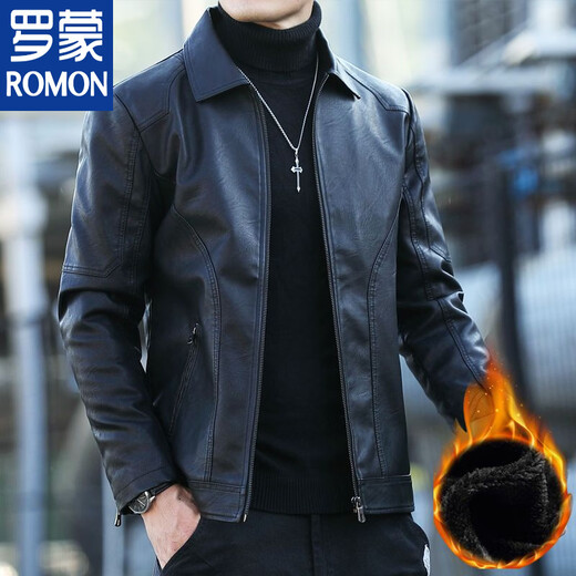 ROMON leather men's jacket Haining motorcycle lapel velvet warm autumn and winter young and middle-aged men's slim leather jacket pocket style black velvet thickened M recommended 90-115 Jin Jin equals 0.5 kg