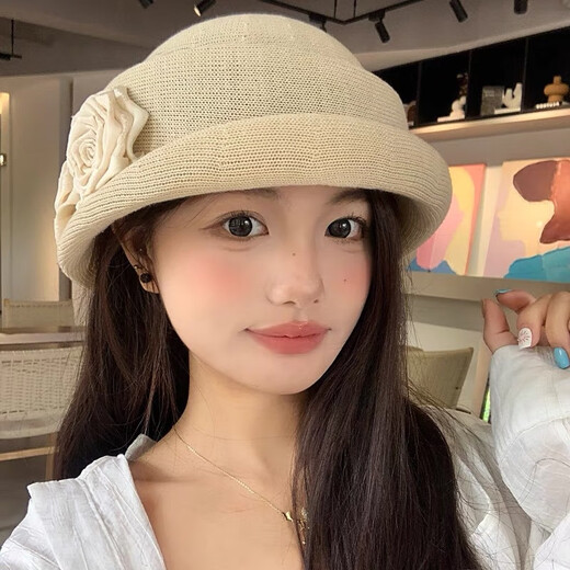 Zunti hat women's camellia curled linen beret spring thin breathable face-showing Little Hepburn style top hat painter's hat beige one size
