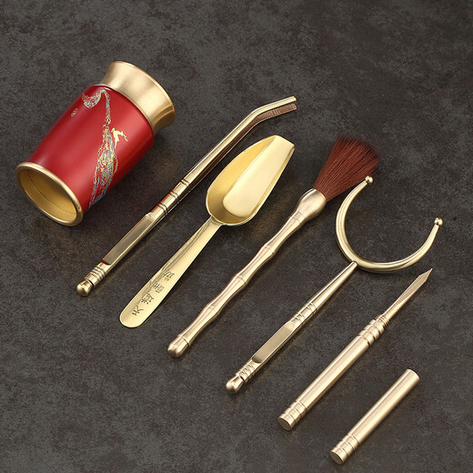 Pupan Pure Brass Tea Ceremony Six Gentlemen Kung Fu Tea Set Tea Making Tools and Accessories Complete Tea Knife Clip Spoon Sauce (Red) Lacquer Tea Ceremony Six Gentlemen