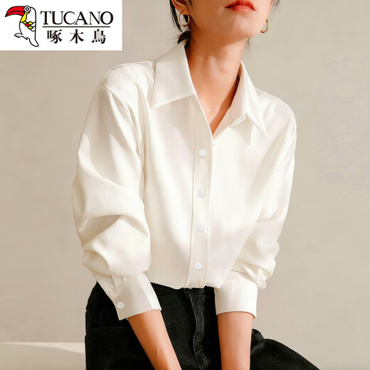 Woodpecker simple style brushed white shirt women's long-sleeved velvet thickened shirt autumn and winter professional base layering top white long sleeve S