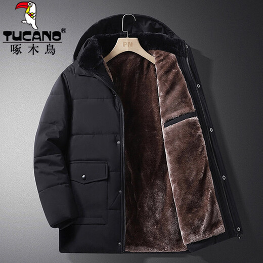 Woodpecker (TUCANO) cotton coat men's velvet thickened coat autumn and winter middle-aged and elderly cotton coat large size dad casual jacket warm cotton jacket black velvet style 3XL recommended weight 150-165Jin Jin equals 0.5 kg