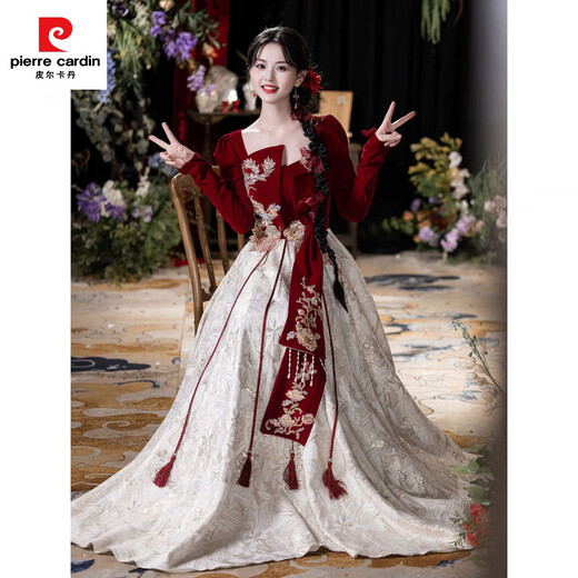 Pierre Cardin (pierre cardin) toast dress plus size fat mm slim bridal style light luxury long-sleeved new Chinese style wedding engagement return dress burgundy M 100Jin Jin is equal to about 0.5 kg