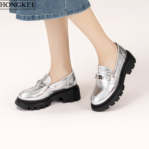 HONGKEE Women's Shoes 2026 Spring New Thick Heel Thick Sole Versatile Loafers Single Shoes H816D100 Silver 35