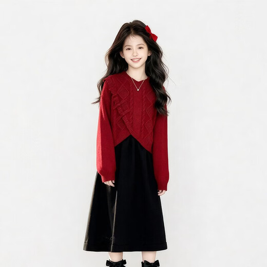 Girls red New Year's wear sweater dress suit autumn and winter children's fashion girls' New Year's greetings two-piece set red sweater vest + skirt suit 160