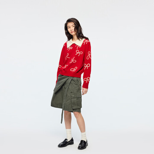 UOOYAA/Wuya 2026 Spring New Fantasy Carnival Bead Embroidery Bow Red Pullover Sweater Red M